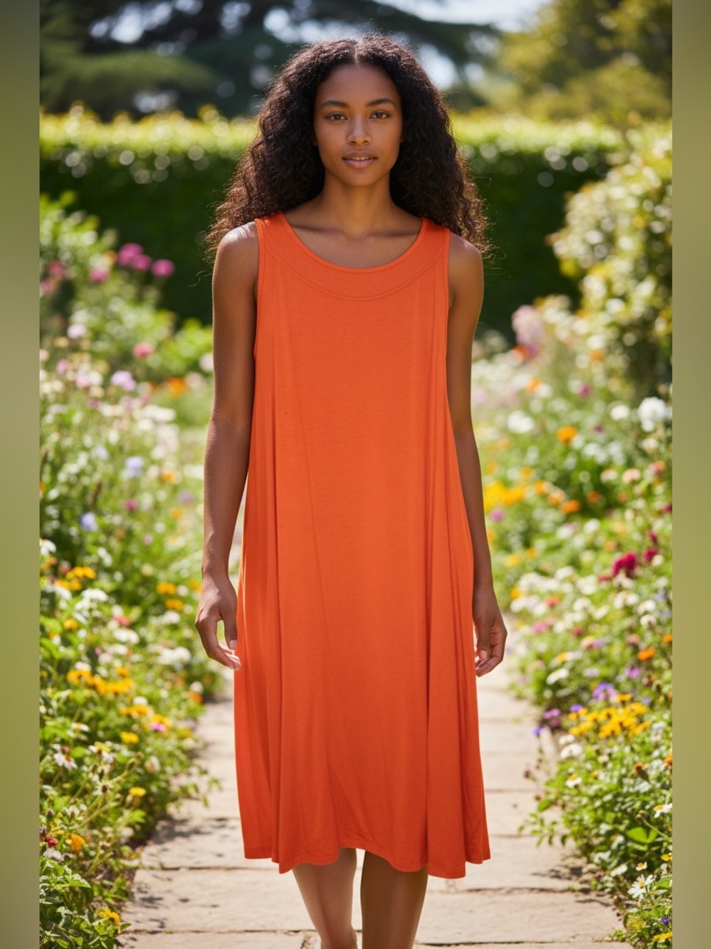 Flax in Motion Womens Size Medium Orange Red Sleeveless Swing Jersey Dress Cozy
